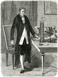 Alessandro Volta, Italian physicist, demonstrating his electric pile (battery), c1800 (c1870)