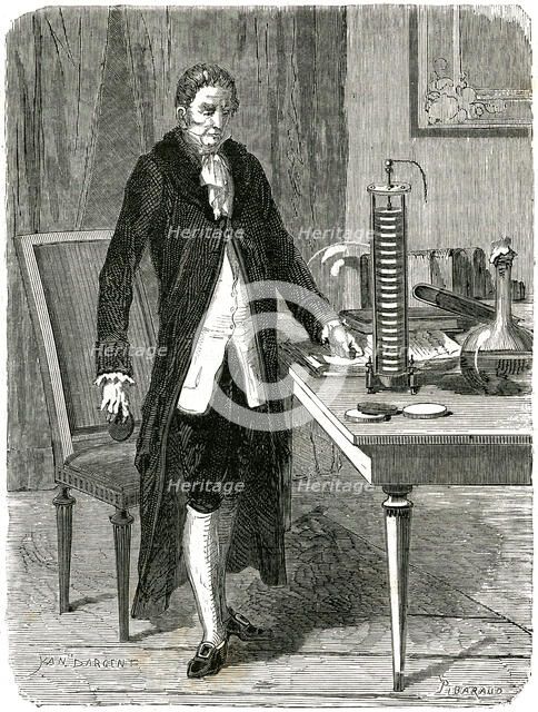 Alessandro Volta, Italian physicist, demonstrating his electric pile (battery), c1800 (c1870). Artist: Unknown