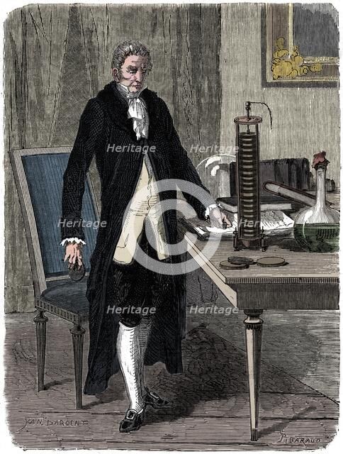 Alessandro Volta, Italian physicist, demonstrating his electric pile (battery), c1800 (c1870). Artist: Unknown.