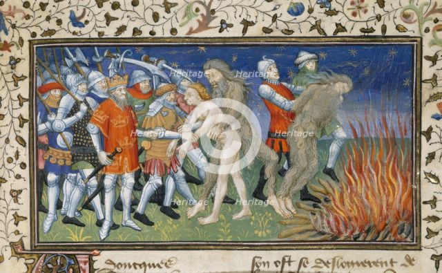 Alexander burns a wild man, early 15th century.  Creator: Unknown.