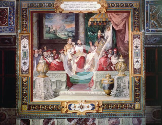 Alexander Farnese with his brother Octavio making an offering to Pope Julius III.