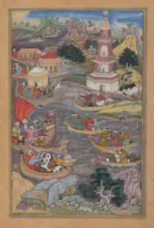 Alexander Fights a Sea Battle, Folio from a Khamsa (Quintet) of Amir Khusrau Dihlavi, 1597-98. Creator: Dharmadas