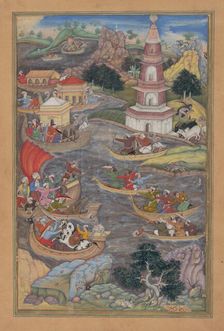 Alexander Fights a Sea Battle, Folio from a Khamsa (Quintet) of Amir Khusrau Dihlavi, 1597-98. Creator: Dharmadas