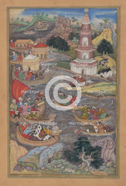 Alexander Fights a Sea Battle, Folio from a Khamsa (Quintet) of Amir Khusrau Dihlavi, 1597-98. Creator: Dharmadas.
