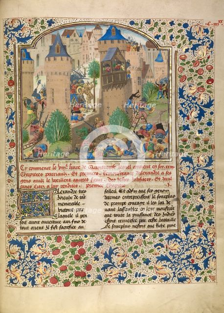 Alexander Fights in the Town of the Sudracae; Livre des fais d'Alexandre le grant, about 1470-1475. Creator: Master of the Jardin de vertueuse consolation.
