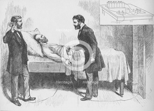 'Alexander Graham Bell and assistant use an electrical detector to find a bullet in the torso of ail Artist: W Shinkle.