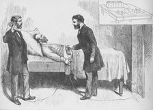 Alexander Graham Bell and assistant use an electrical detector to find a bullet in the torso of ail Artist: W Shinkle