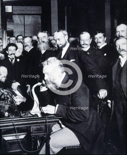 Alexander Graham Bell (USA, 1847-1922), engineer. Opening the phone line from New York to Chicago…