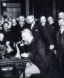 Alexander Graham Bell (USA, 1847-1922), engineer. Opening the phone line from New York to Chicago…