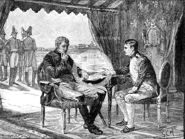 Alexander I Russia and Napoleon I (Bonaparte) of France at Tilsit, 1807 (c1880). Artist: Unknown