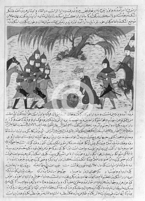 Alexander the Great and Dying Darius, Folio from a Majma' al-Tavarikh..., ca. 1425. Creator: Unknown.