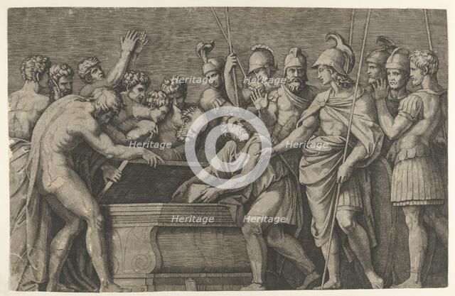 Alexander the Great commanding that the work of Homer be placed in the tomb of Ac..., ca. 1500-1534. Creator: Marcantonio Raimondi.