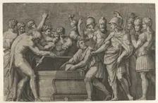 Alexander the Great commanding that the work of Homer be placed in the tomb of Ac..., ca. 1500-1534. Creator: Marcantonio Raimondi