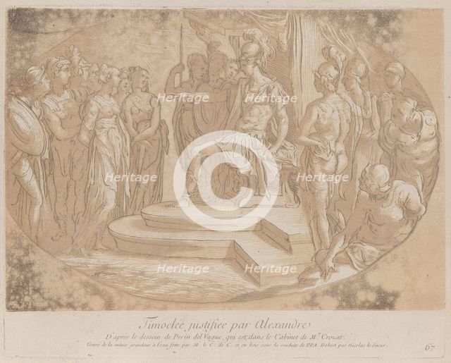 Alexander the Great freeing Timoclea; from 'Recueil d'estampes d'après les plus bea..., ca. 1729-40. Creators: Caylus, Anne-Claude-Philippe de, Nicolas Le Sueur.