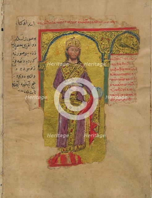Alexander the Great in the Byzantine Emperor Dress (Miniature from the Alexander romance), 14th cent Artist: Byzantine Master  