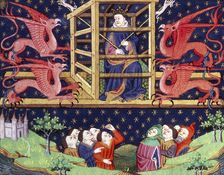 Alexander the Great, in a cage, being carried aloft by griffins, mid 15th century. Creator: Unknown