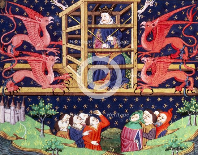 Alexander the Great, in a cage, being carried aloft by griffins, mid 15th century.  Creator: Unknown.