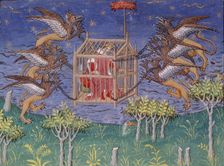 Alexander the Great, in a cage, being carried aloft by griffins, Paris, c1420-1425. Creator: Unknown