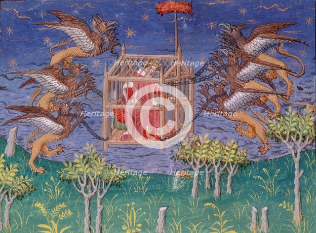 Alexander the Great, in a cage, being carried aloft by griffins, Paris, c1420-1425. Creator: Unknown.