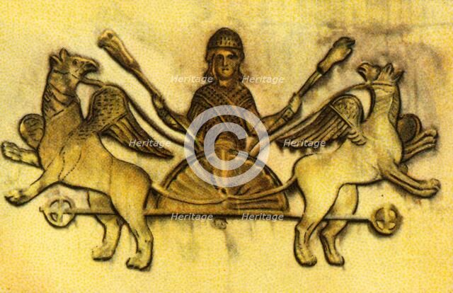 Alexander the Great in a chariot pulled by winged griffins, (1932).  Creator: Unknown.