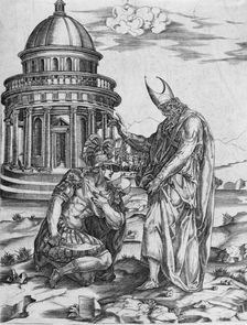 Alexander the Great kneeling before the High Priest of Ammon, between 1530 and 1536. Creator: Francesco Salviati
