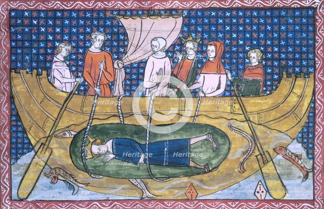 Alexander the Great lowered into the sea in a glass bell, 1350. Creator: Unknown.