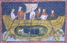 Alexander the Great lowered into the sea in a glass bell, 1350. Creator: Unknown