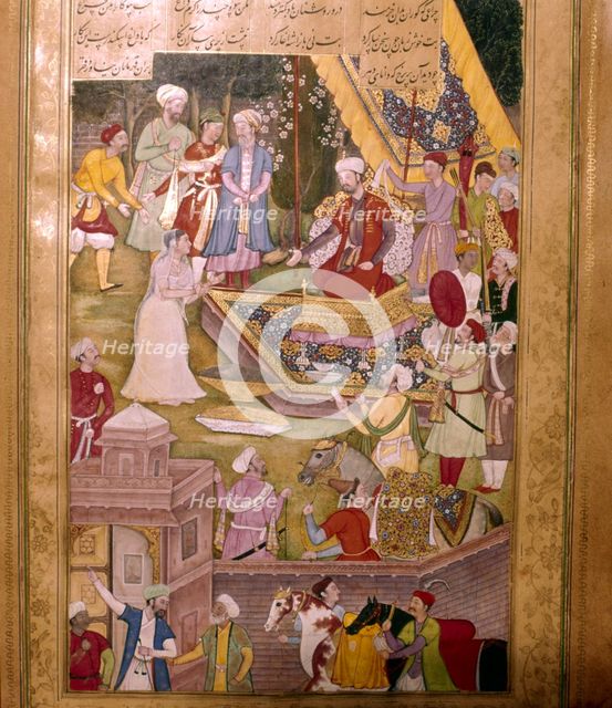 Alexander the Great of Macedon (Iskandar) is brought by a priestess to spare an idol from destructio Artist: Unknown.
