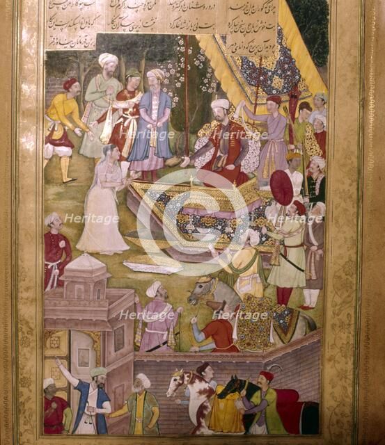 Alexander the Great of Macedon (Iskandar) is brought by a priestess to spare an idol from destructio Artist: Unknown.