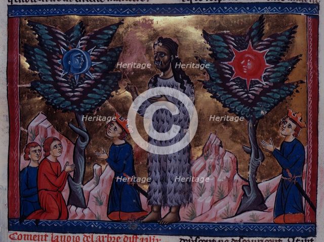 Alexander the Great standing before the oracles of the two trees..., c1285.  Creator: Unknown.