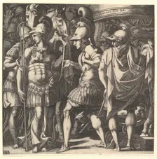 Alexander welcoming Thalestris and the Amazons, mid-16th century. Creator: Master FG