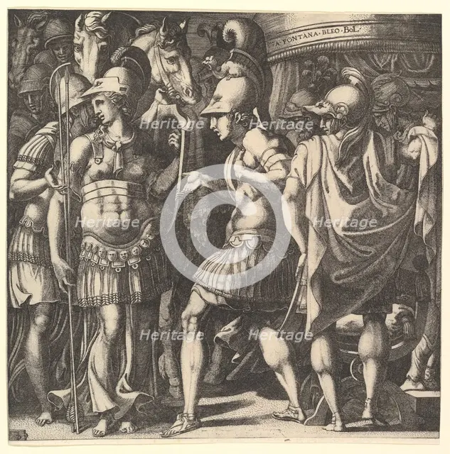 Alexander welcoming Thalestris and the Amazons, mid-16th century. Creator: Master FG.