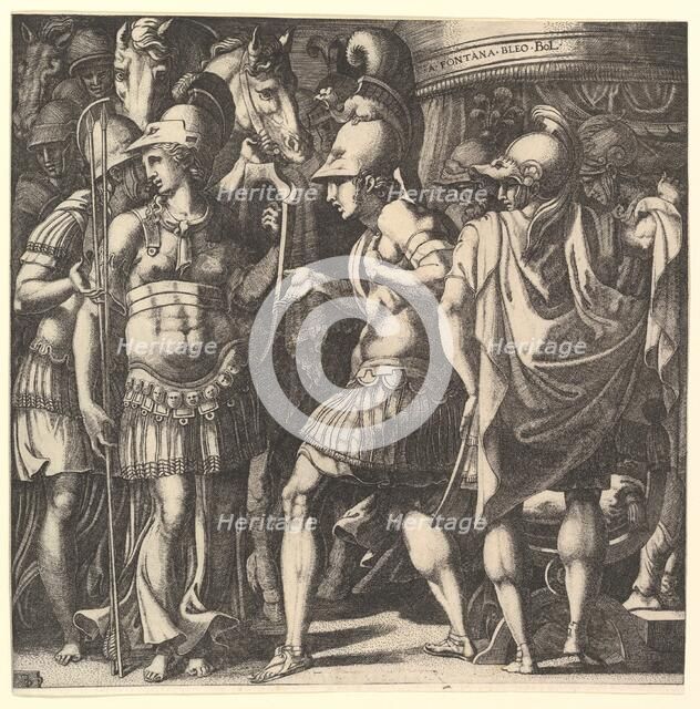 Alexander welcoming Thalestris and the Amazons, mid-16th century. Creator: Master FG.