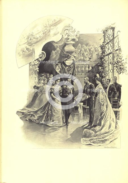 Alexandra Fyorodovna and Nicholas II during the ceremonial reception at the French Embassy, 1899. Artist: Samokish-Sudkovskaya, Elena Petrovna (1863-1924)