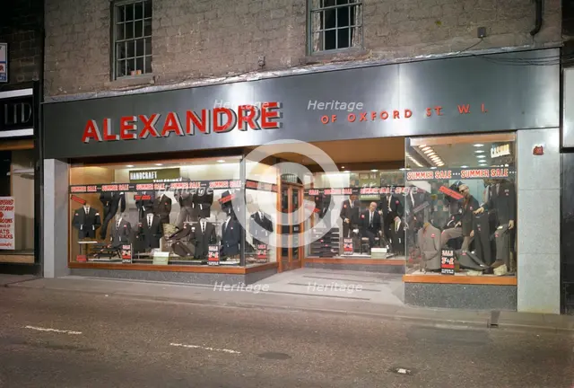 Alexandre of Oxford Street, men's clothes shop frontage, Mexborough, South Yorkshire, 1963. Creator: Michael Walters.