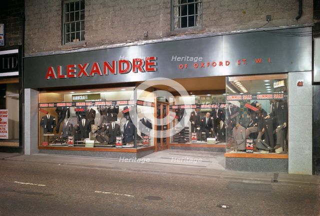 Alexandre of Oxford Street, men's clothes shop frontage, Mexborough, South Yorkshire, 1963. Creator: Michael Walters.