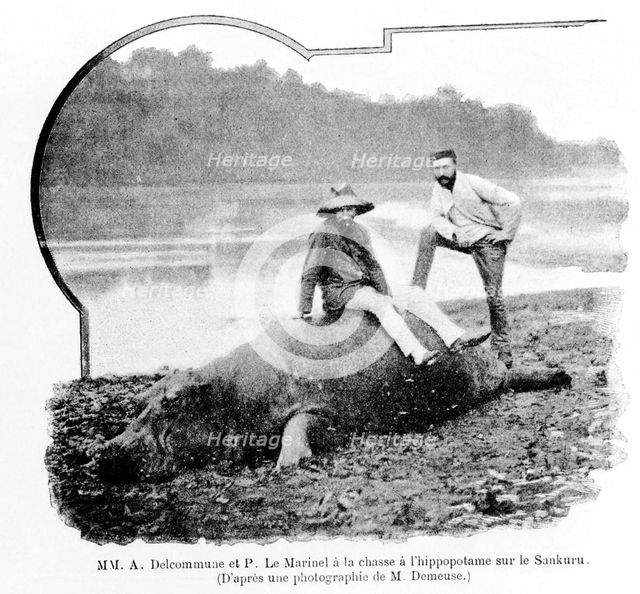 Alexandre Delcommune and Paul Le Marinel hunting hippopotamus,...Congo late 19th-early 20th century. Creator: Unknown.