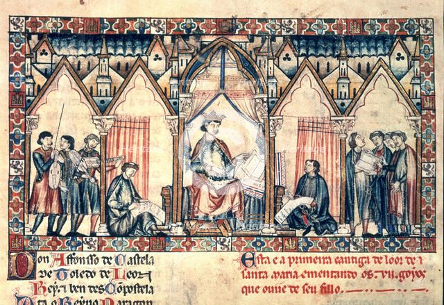 Alfonso X 'The Sage' (1221-1284), king of Castile and Leon,miniada page of his work 'The Cantigas…