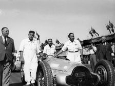 Alfred Neubauer with Mercedes car at the Start of the Italian Grand Prix, Monza, 1938