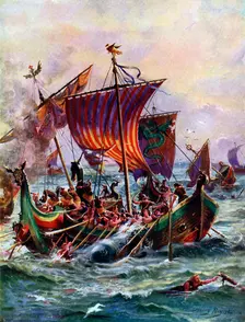 Alfred's galleys attacking the Viking dragon ship, 897 AD, (c1920). Creator: Harry Payne