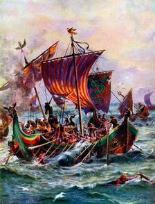 Alfred's galleys attacking the Viking dragon ship, 897 AD, (c1920). Creator: Harry Payne