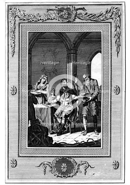 Alfred The Great dividing his loaf with a poor pilgrim, 9th century, (1772). Artist: Unknown