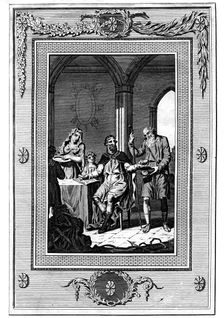 Alfred The Great dividing his loaf with a poor pilgrim, 9th century, (1772)