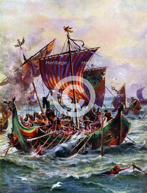 Alfred's galleys attacking the Viking dragon ship, 897 AD, (c1920).  Creator: Harry Payne.