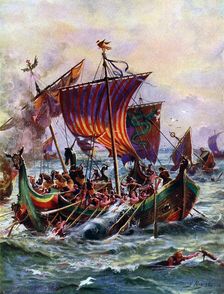 Alfred's galleys attacking the Viking dragon ship, 897 AD, (c1920). Creator: Harry Payne
