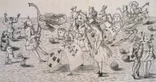 Alice and the Red Queen playing croquet, c1863. Creator: Lewis Carroll