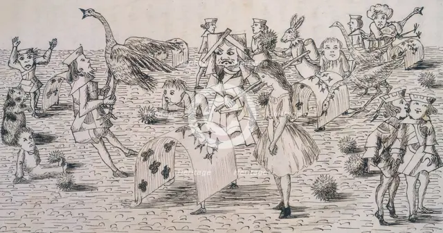 Alice and the Red Queen playing croquet, c1863. Creator: Lewis Carroll.