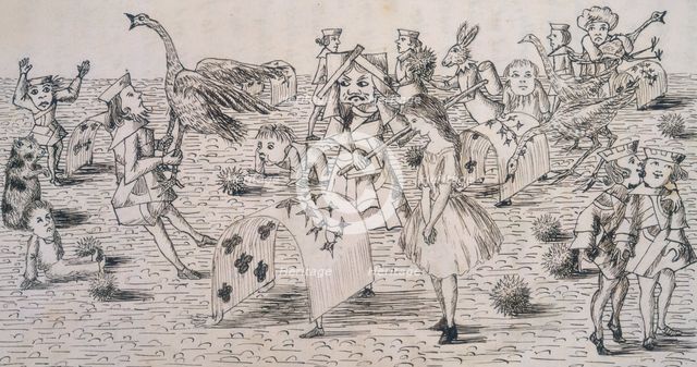 Alice and the Red Queen playing croquet, c1863. Creator: Lewis Carroll.
