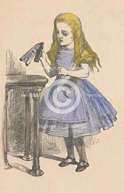 'Alice looking at the bottle with the sign 'drink me''', 1889. Artist: John Tenniel.