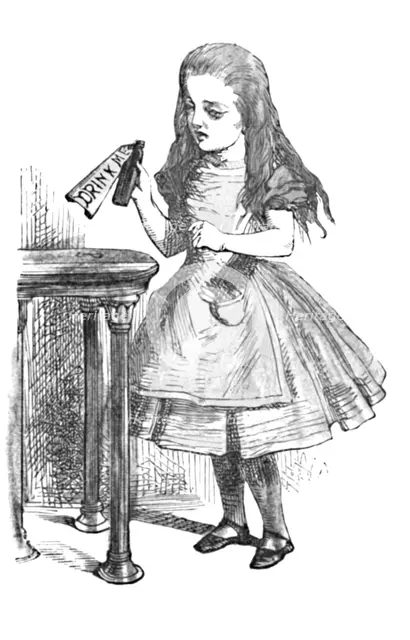 'Alice looking at the bottle with the sign 'drink me''', 1889. Artist: John Tenniel.